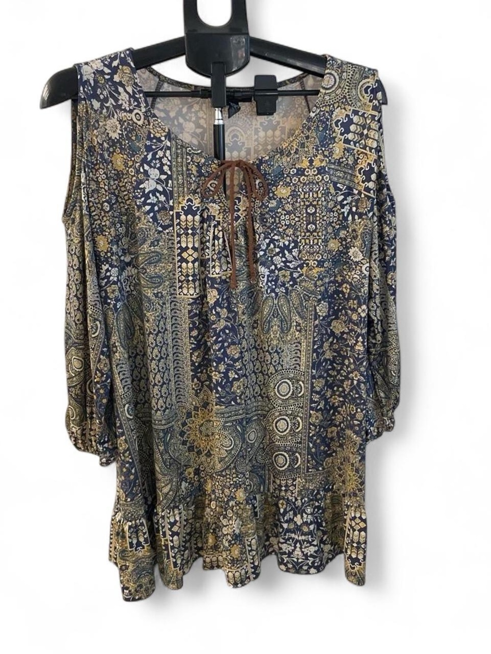 Style & Co. Navy and Gold Paisley Cold-Shoulder Blouse